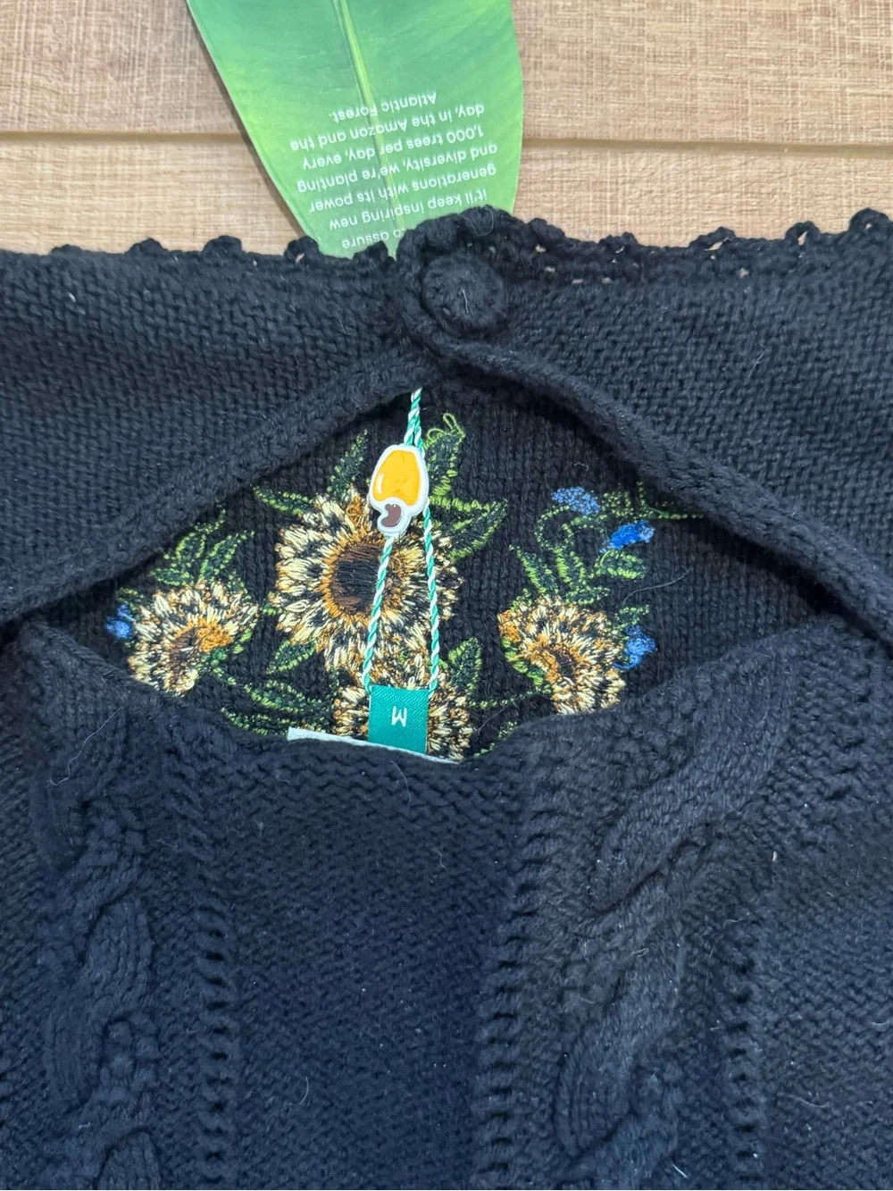 Farm Rio Black Embroidered Sunflower Cable Knit Peplum Sweater Top NWT Medium - Picture 8 of 13